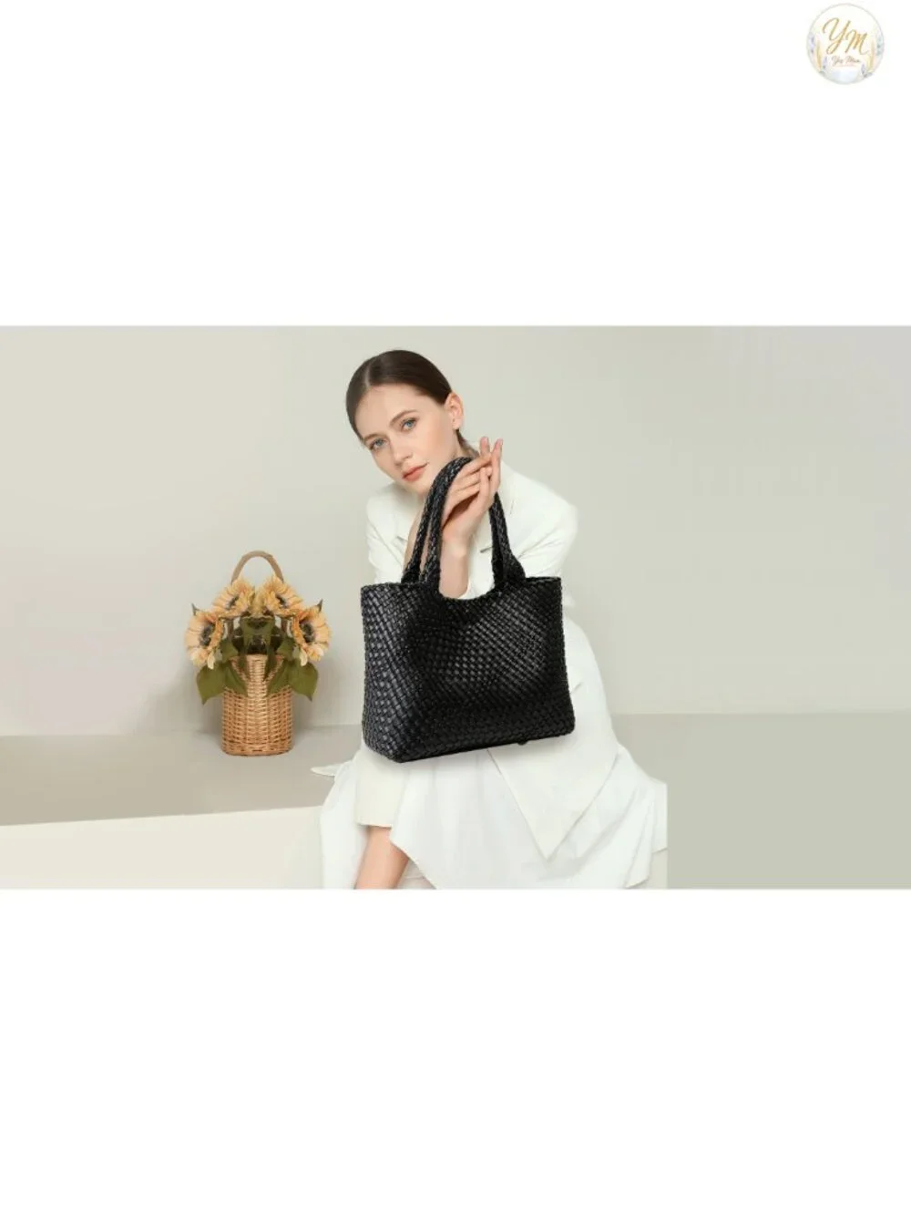 Woven Top Handle Tote Bag Vegan Leather Handbag with Clutch